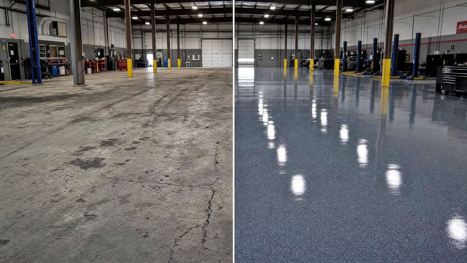 Commercial floor coating before and after — auto shop surface